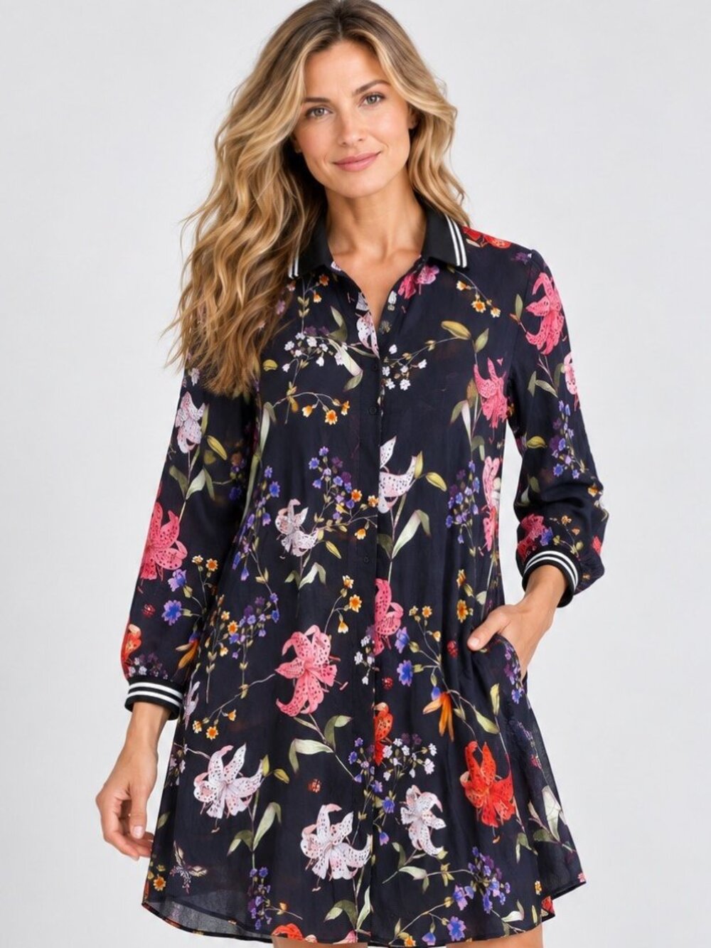 Hale Bob Floral Shirtdress Black Striped Collar Side Pockets S Small 68EV650N